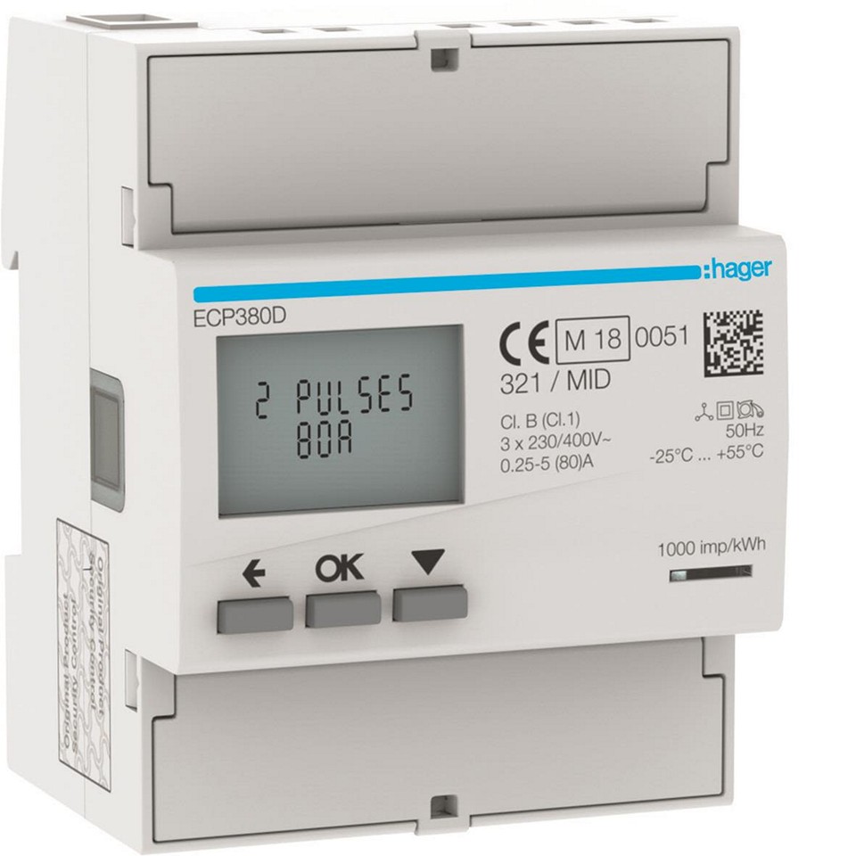 Hager Energimätare ECP380D 3-fas 80A Direkt Puls