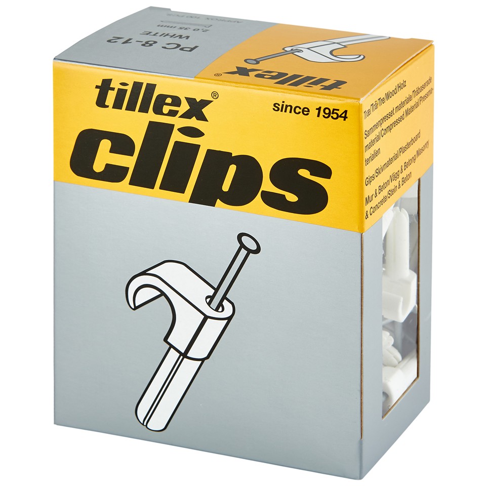 Tillex Pluggclips 8-12mm kabel (spiklängd 35mm) Vit (100/pak