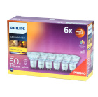 En bild frn Elbutik.se som visar ett 6-pack Philips LED GU10 3,8W (50W) dimbara lampor. De ger ett varmvitt ljus p 2700K och kan dimras till ett varmt sken tack vare WarmGlow-teknologin, vilket gr ljuset varmare vid dimring frn 2200K till 2700K. Ett utmrkt val fr att erstta ldre halogenlampor.