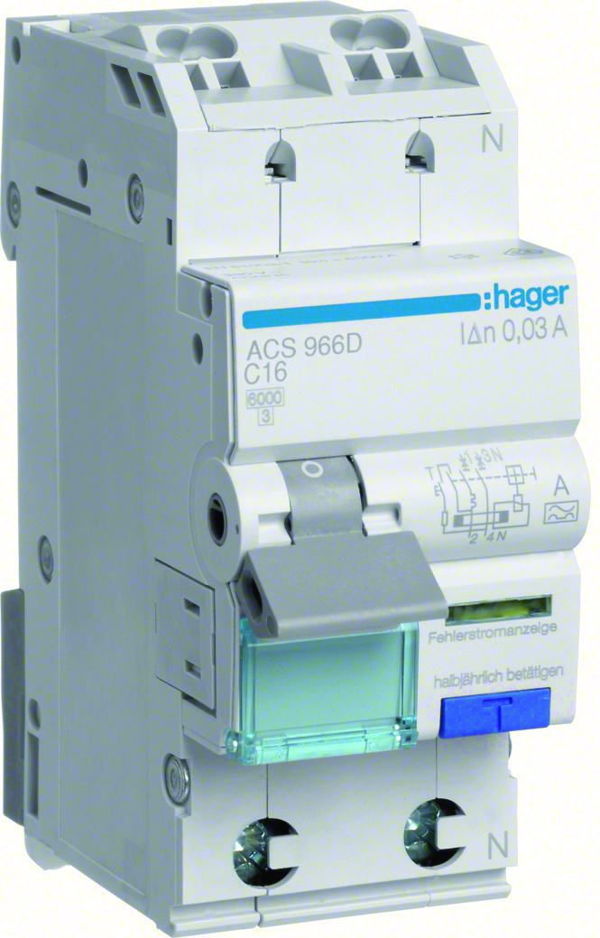 Hager PSA 1P+N 6kA C-16A 10mA A QC ACS966D