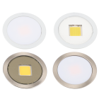 Fyra Xerolight LED Downlight Slim line 3W armaturer i olika utfranden, tv med frostat glas och tv med klart glas. Armaturerna har olika ramfrger och en central ljusklla.