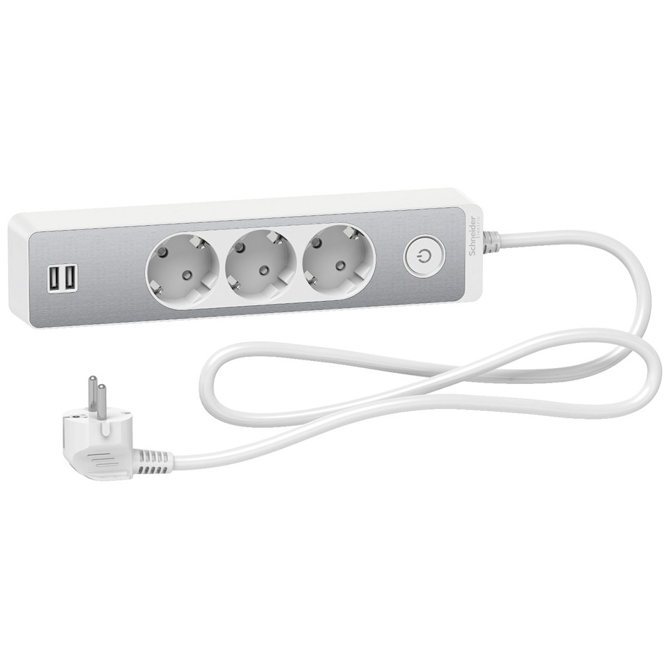 Schneider Unica Grenuttag 3-vägs+2xUSB Jordat 1,5m kabel Alu