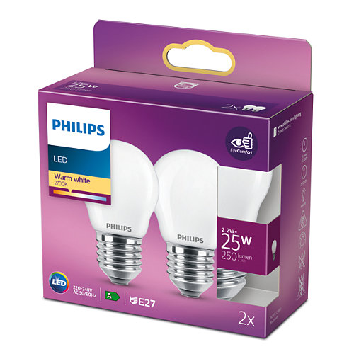 Philips LED Frostad Klot 2,2W (25W) E27 250lm 2700K ND 2-pac