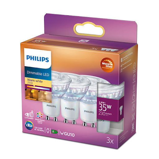 Philips LED Spot 2,6W GU10 270lm 2200-2700K WarmGlow 3-pack