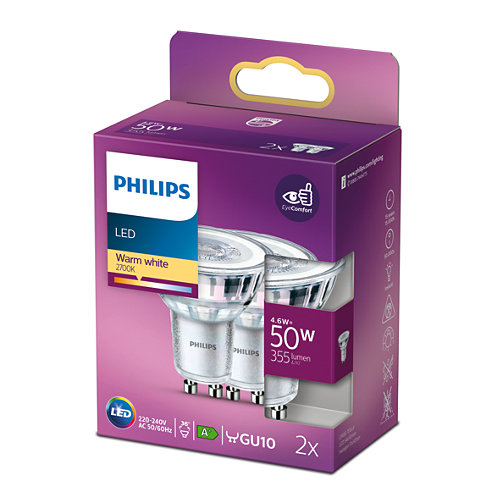 Philips LED Spot 4,6W (50W) GU10 355lm 2700K ND 2-pack