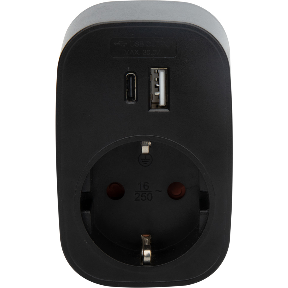 J&EL adapter USB A+C och 16A Stickontakt Svart