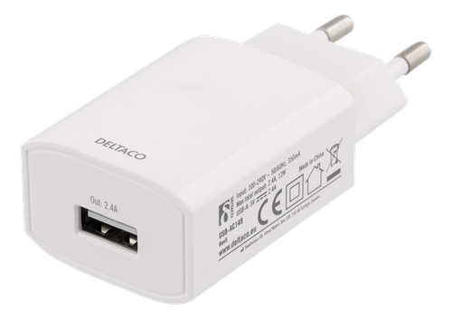 Deltaco Väggladdare USB-A 100-240V till 5V USB 2,4A Vit