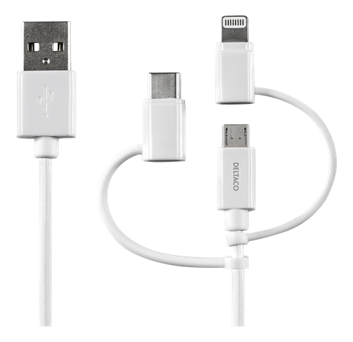 Deltaco USB-A till Micro-usb/USB-C/Lightning vit 50cm