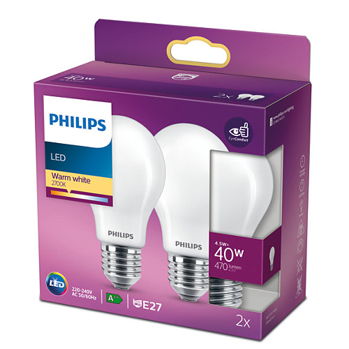 Philips LED Frostad 4,5W (40W) E27 470lm 2700K 2-pack