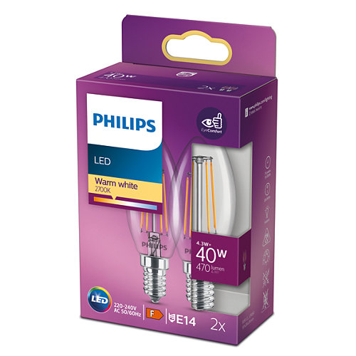 Philips LED Filament Kron 4,3W (40W) E14 470lm 2700K 2-pack