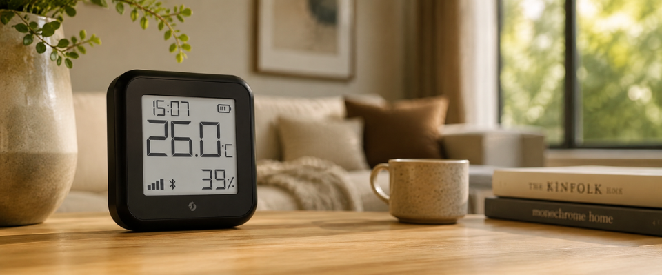 Temperatursensor tillsammans med smart hem-system.