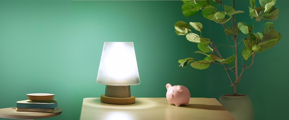 En tänd bordslampa står på ett bord bredvid en grön växt och en spargris i ett rum med grön vägg. Denna bordslampa från Elbutik.se ger ett varmt och mysigt sken.